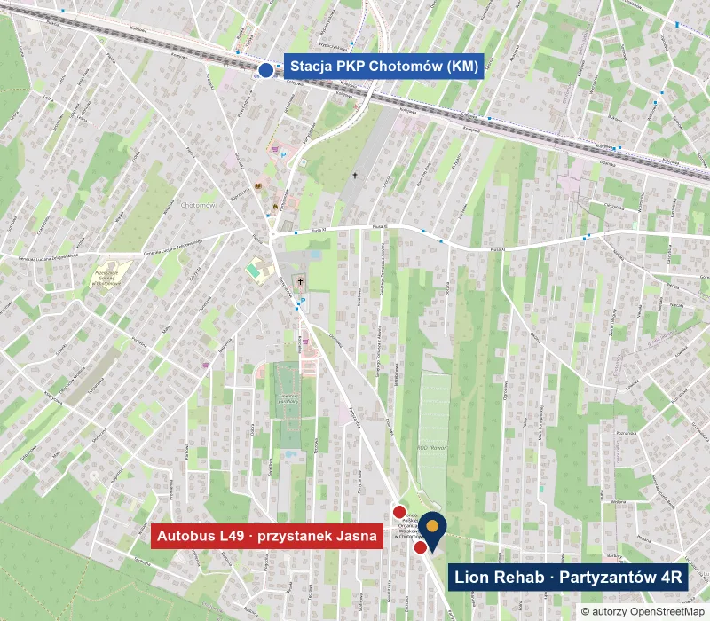 Mapa dojazdu: Lion Rehab przy ul. Partyzantów 4R, przystanek autobusu L49 Jasna obok ośrodka, stacja kolejowa Chotomów na północy